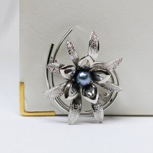 Silver Flower Brooch with Blue Akoya Pearl Center